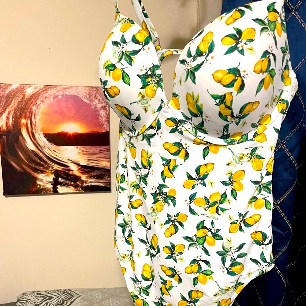 Victoria’s Secret Lemon print one-piece push up bathing suit.